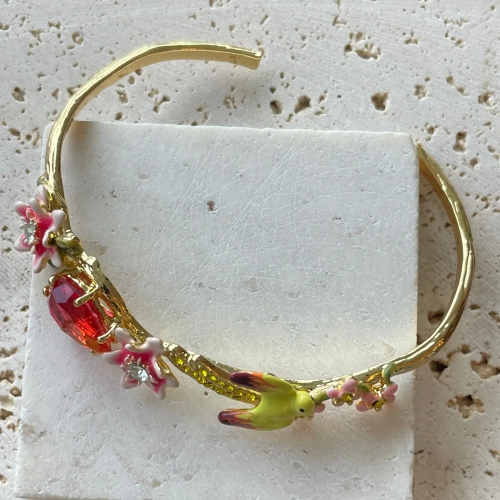Les Nereides Gold Pink Bird Bracelet Floral Statement Jewelry